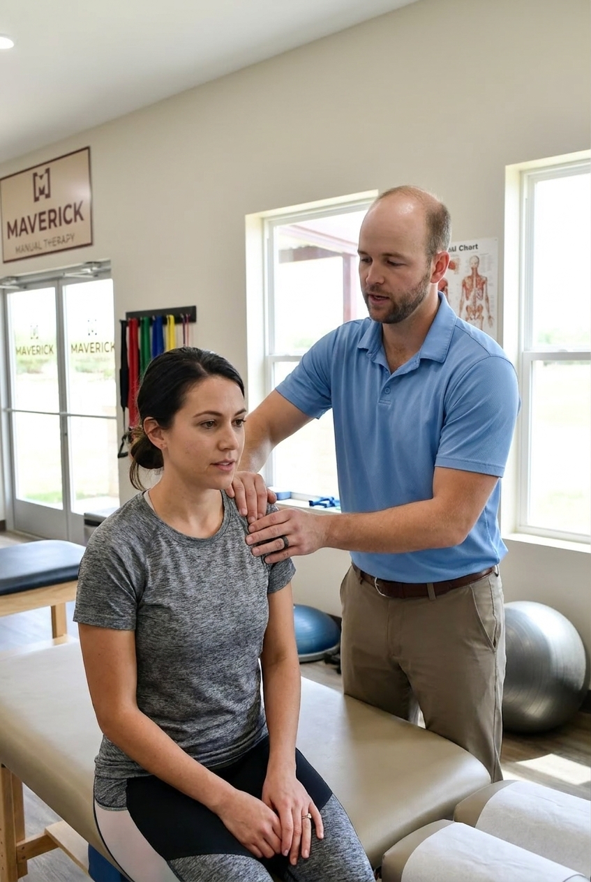 Patient working with a provider at a manual therapy and performance physical therapy clinic in San Antonio, TX